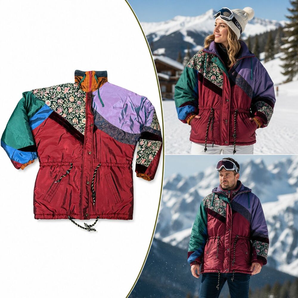 Vtg LIZ THOMAS Colorblock Metallic Puffer Jacket 90s Ski M L XL Unisex USA Retro